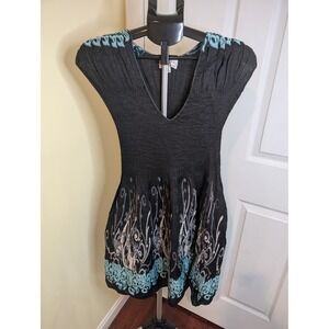 MSSP Max Studio Dress Womens Medium Black Teal Stretch Smocked Whimsigoth NWT
